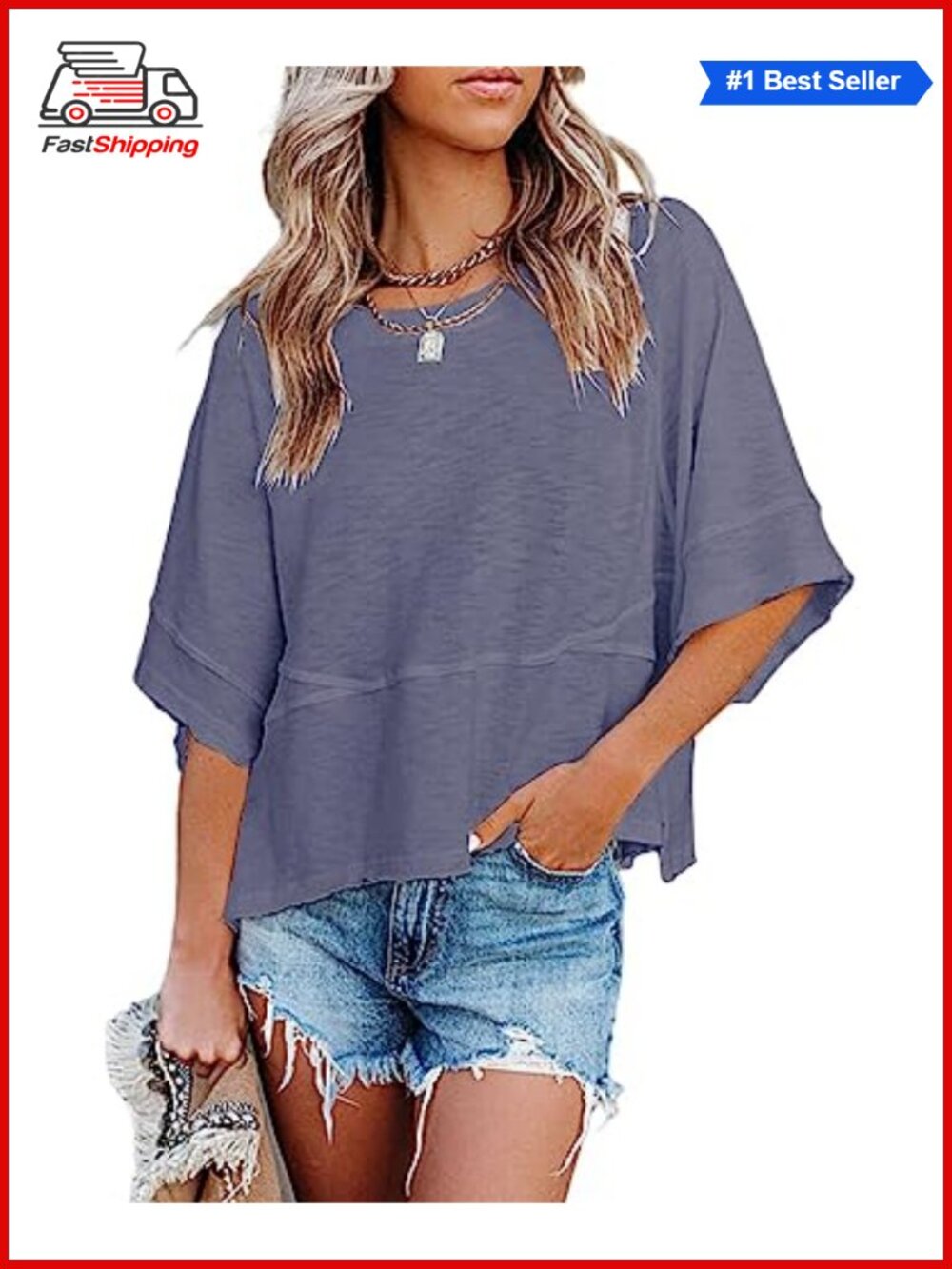 Women's Summer Casual T-Shirt Loose Fit Crewneck 3/4 Sleeve Top